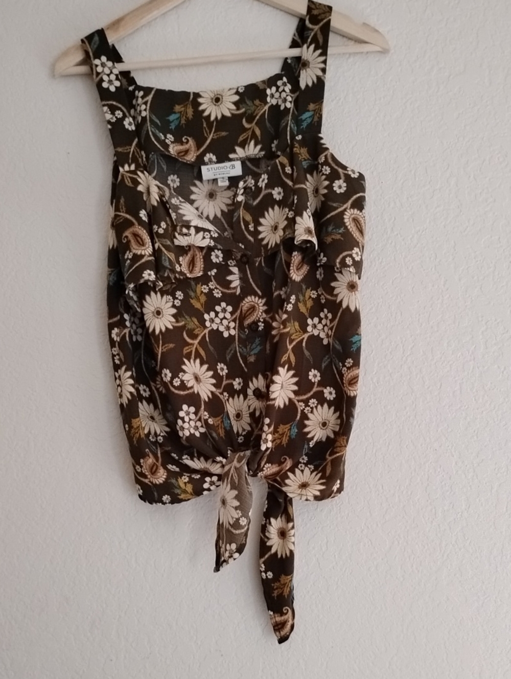 Studio B By Bobeau Boho Floral Tie-Front Ruffle Camisole